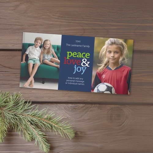 Peace Love  Joy with blue red and green Holiday Card