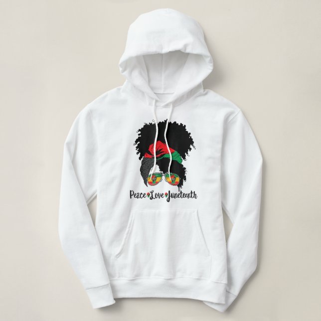 Peace Love Juneteenth Messy Bun Afro Queen Black P Hoodie (Design Front)
