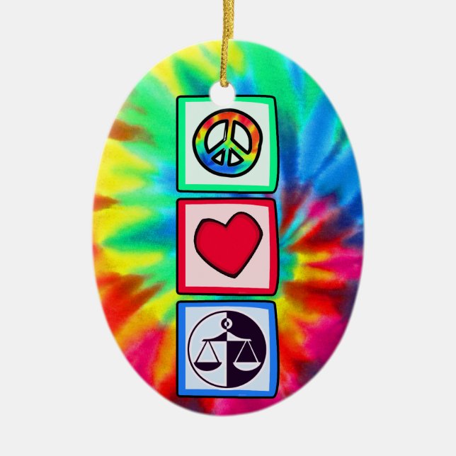 Peace, Love, Justice Ceramic Ornament (Front)