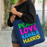 Peace Love Kamala Harris Cute Blue Tote Bag<br><div class="desc">Cute Peace Love Kamala Harris blue tote bag for a progressive democrat who loves fun,  colorful political designs. Vote for Kamala for president in the 2024 election. A fun liberal design in bright colors.</div>