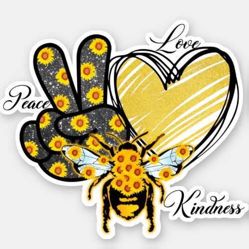 Peace Love Kindness Heart Honeybee Gold Glitter Sticker