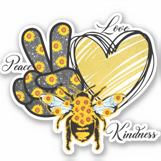 Peace Love Kindness Heart Honeybee Gold Glitter Sticker (Front)