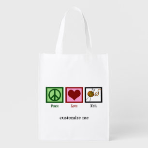 Peace Love Knit Cute Personalized Knitting Grocery Bag