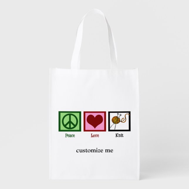 Peace Love Knit Cute Personalized Knitting Grocery Bag (Front)