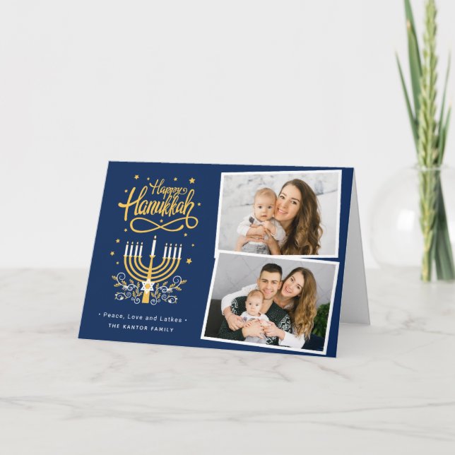 Peace Love Latkes Stars Happy Hanukkah 2 Photo Holiday Card (Front)