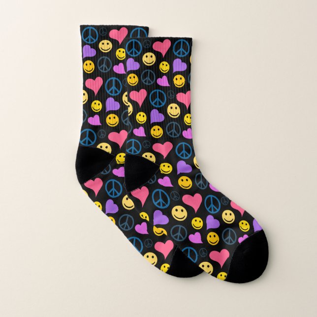 Peace Love Laugh Pattern Black Socks (Pair)