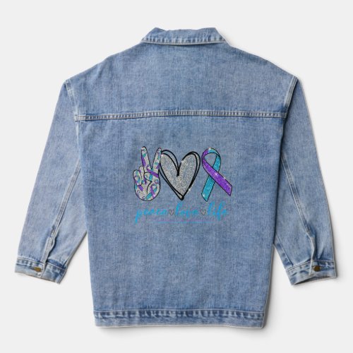 Peace Love Life Teal And Purple Ribbon Suicide Pre Denim Jacket