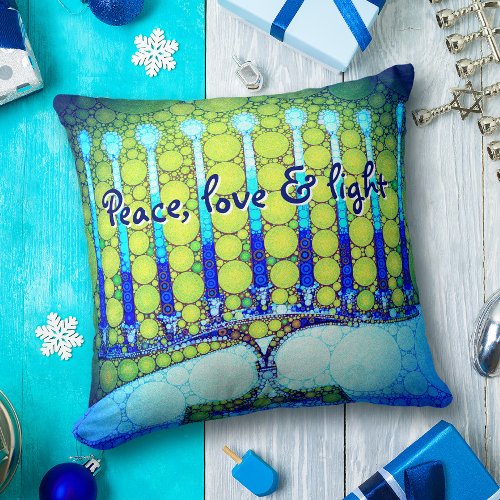 Peace Love Light Bold Blue Green Hanukkah Menorah Throw Pillow