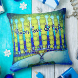 Peace Love Light Bold Blue Green Hanukkah Menorah Throw Pillow<br><div class="desc">“Peace, love & light.” A close-up photo of a bright, colorful, blue and green artsy menorah helps you usher in the holiday of Hanukkah in style. Feel the warmth and joy of the holiday season whenever you relax on this stunning, colorful Hanukkah throw pillow. Makes a striking set of four...</div>