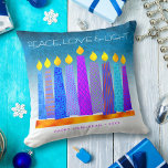 Peace Love Light Bold Hanukkah Candles Turquoise Throw Pillow<br><div class="desc">“Peace, love & light.” A playful, modern, artsy illustration of boho pattern candles in a menorah helps you usher in the holiday of Hanukkah. Assorted blue candles with colorful faux foil patterns overlay a turquoise gradient to white textured background. Faux hot pink purple pattern foil on a purple blue background...</div>