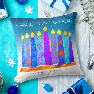 Peace Love Light Bold Hanukkah Candles Turquoise Throw Pillow
