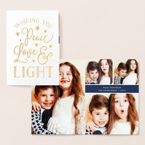 Peace Love  Light  Hanukkah Photo Collage Gold Foil Card