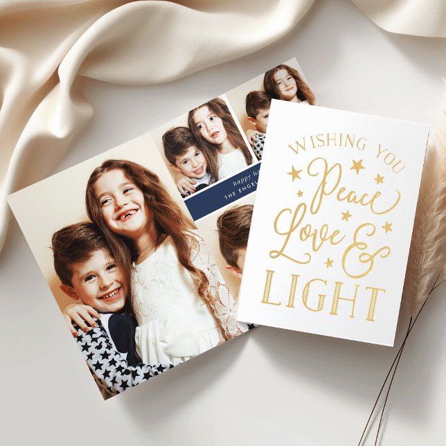 Peace, Love & Light | Hanukkah Photo Collage Gold Foil Card (Creator Uploaded)