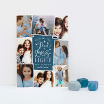 Peace, Love & Light | Hanukkah Photo Collage Holiday Card<br><div class="desc">Beautiful typography based Hanukkah photo card features eight of your favorite family photos in a collage layout. "Wishing you peace, love and light this Hanukkah and always" appears in the center in white hand lettered typography on a dark teal background dotted with stars. Customize with your custom holiday greeting and...</div>