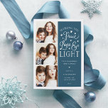 Peace, Love & Light | Hanukkah Photo Holiday Card<br><div class="desc">Beautiful typography based Hanukkah photo card features three of your favorite family photos in a square format along the left side. "Wishing you peace, love and light this Hanukkah and always" appears on the right in white hand lettered typography on a dark teal blue background dotted with stars. Customize with...</div>