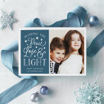 Peace, Love & Light | Hanukkah Photo Holiday Card<br><div class="desc">Modern typography based Hanukkah photo card features your favorite photo with "Peace,  Love and Light" alongside in white hand lettered style typography. Personalize with your family name,  individual names and/or your custom message.</div>