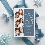 Peace, Love & Light | Hanukkah Photo Holiday Card<br><div class="desc">Beautiful typography based Hanukkah photo card features three of your favorite family photos in a square format along the left side. "Wishing you peace, love and light this Hanukkah and always" appears on the right in white hand lettered typography on a slate blue background dotted with stars. Customize with your...</div>