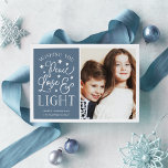 Peace, Love & Light | Hanukkah Photo Holiday Card<br><div class="desc">Modern typography based Hanukkah photo card features your favorite photo with "Peace,  Love and Light" alongside in white hand lettered style typography. Personalize with your family name,  individual names and/or your custom message.</div>