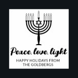 Peace Love Light Menorah Happy Holidays Rubber Stamp<br><div class="desc">Happy holidays stamp with a menorah with peace love light in a bold script. Personalize with your name.</div>