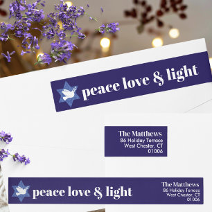 Peace Love Light Modern Hanukkah Blue & White Wrap Around Label
