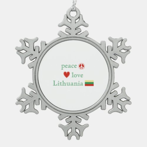 Peace Love Lithuania Flag and Heart Snowflake Pewter Christmas Ornament