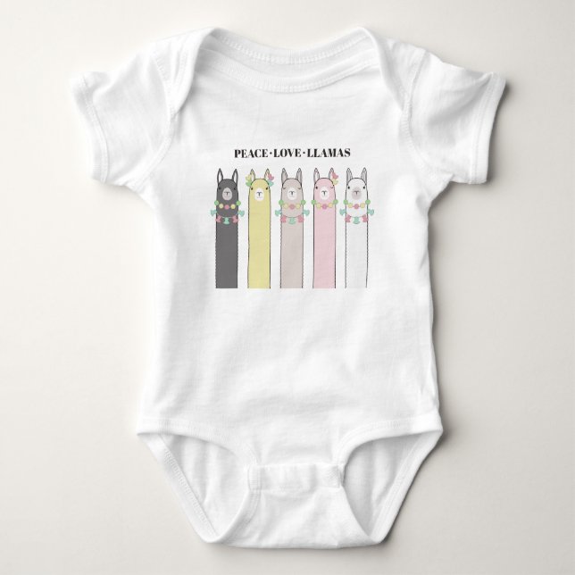 Peace Love Llamas - Cute Retro Colorful Llama Baby Bodysuit (Front)