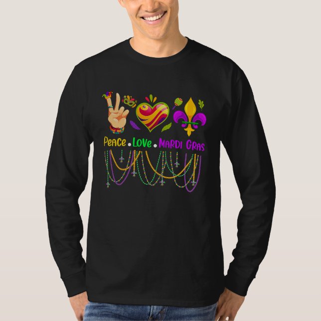 Peace Love Mardi Gras Beads for women Carnival Par T-Shirt (Front)