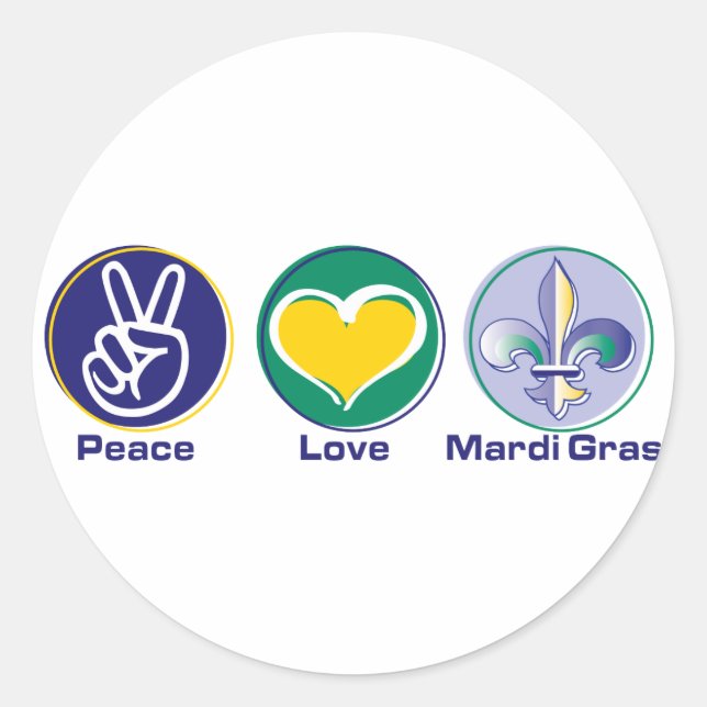 Peace Love Mardi Gras Classic Round Sticker (Front)