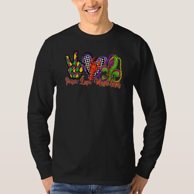 Peace Love Mardi Gras Crawfish Heart Checked Festi T-Shirt (Front)