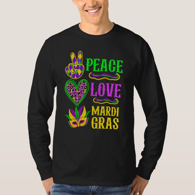Peace Love Mardi Gras Leopard Funny Festival Carni T-Shirt (Front)