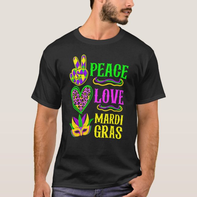 Peace Love Mardi Gras Leopard Funny Festival Carni T-Shirt (Front)