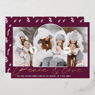 Peace love modern arch 3 photos plum script foil holiday card