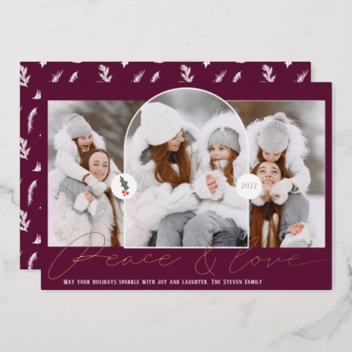 Peace love modern arch 3 photos plum script  foil holiday card