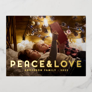 Peace & Love Modern Simple Typography Foil Holiday Postcard