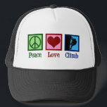 Peace Love Mountain Climbing Trucker Hat<br><div class="desc">Peace Love Climb written under a green peace sign,  a red heart,  and a rock climber climbing a mountain. A great gift for an athlete into extreme sports.</div>