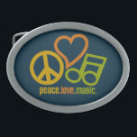 Peace Love Music belt buckle<br><div class="desc">Using the "Customize it" function,  you can change (edit) the background color of this item,  and add your own text if you wish. See my store for more items with this design.</div>