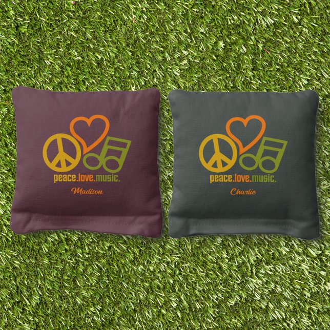 Peace Love Music custom names Cornhole Bags (Grass)