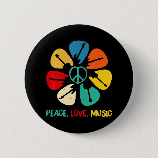 Peace Love Music Guitar Flower Rock And Roll Button (Front)