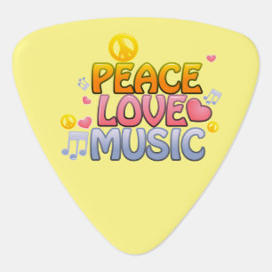 Peace love music guitar pick, with images of heart pick