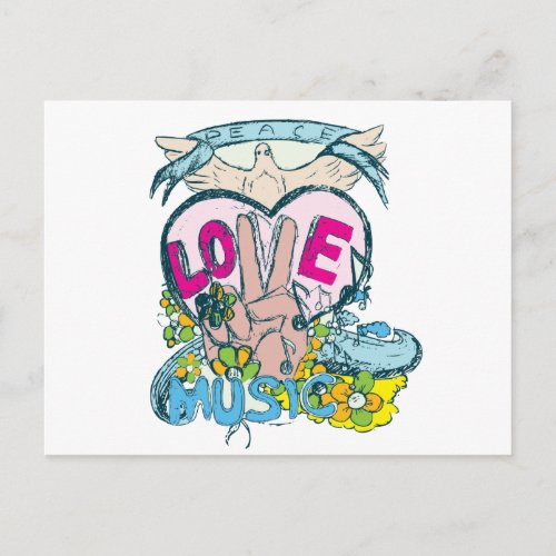 peace love music retro hippie vector art postcard