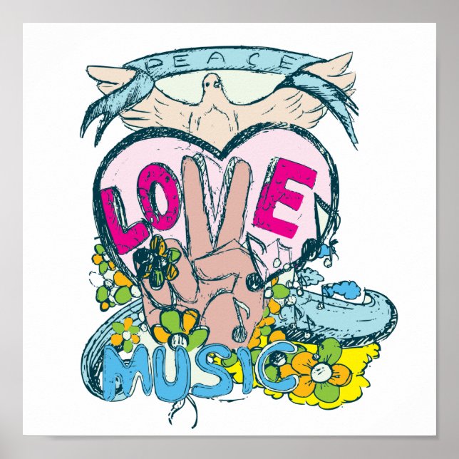 peace love music retro hippie vector art poster (Front)