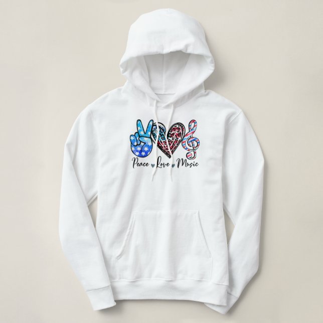 Peace Love Music US Flag 4th Of July Music Teacher Hoodie (Design Front)