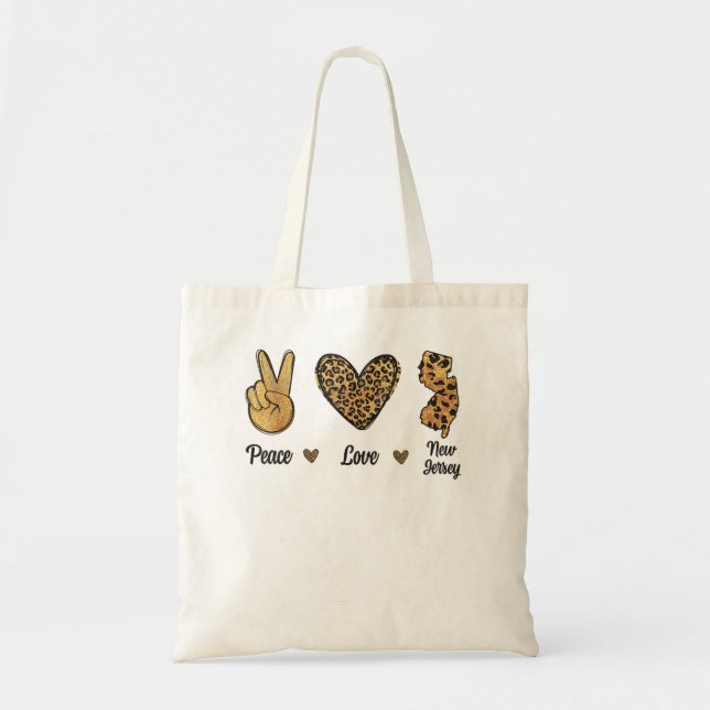 Peace Love New Jersey Leopard Flag Map Souvenirs M Tote Bag (Front)