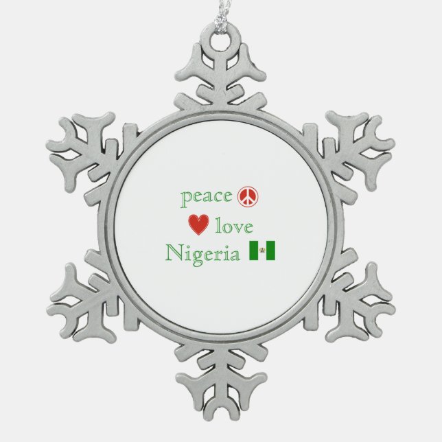 Peace Love Nigeria Flag and Heart Snowflake Pewter Christmas Ornament (Front)