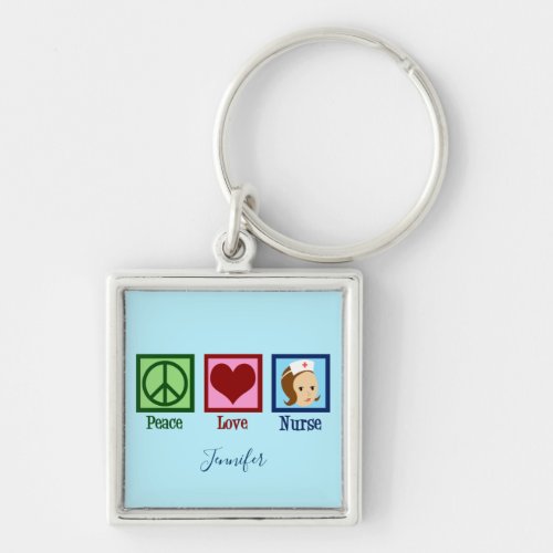 Peace Love Nurse Beautiful Nursing Monogram Blue Keychain