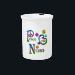Peace Love Nurses Pitcher<br><div class="desc">Show your appreciation for nurses with this shiny colorful design with a peace sign, a fancy L and some flowers and the words - Peace Love Nurses. A great gift for a nurse.</div>