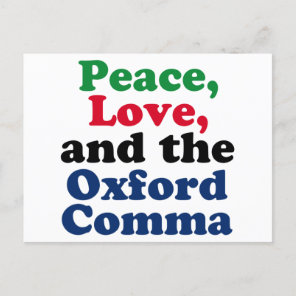 Peace Love Oxford Comma English Grammar Humor Postcard