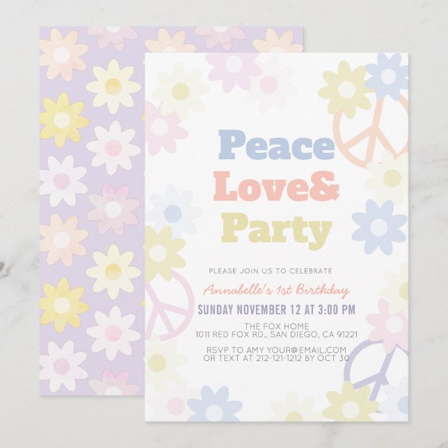 Peace Love & Party 1st Birthday  Invitation (Front/Back)