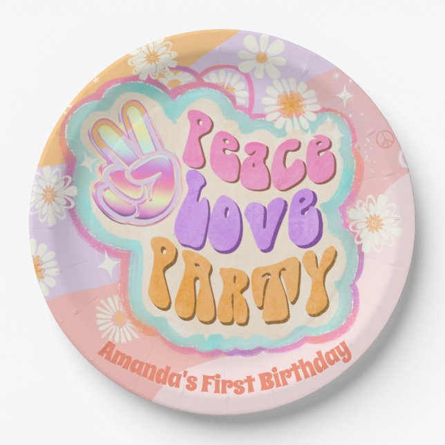 peace love party classic round sticker paper plates (Front)
