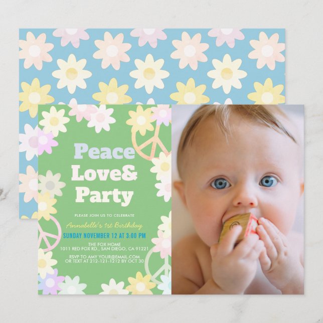 Peace Love & Party Green Photo 1st Birthday Invitation (Front/Back)